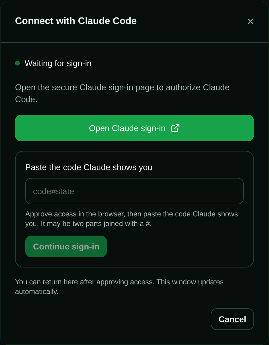 The guided sign-in dialog for Claude Code: a status line reading "Waiting for sign-in", an "Open Claude sign-in" button, and a protected field for the complete browser-displayed code. No terminal is shown.