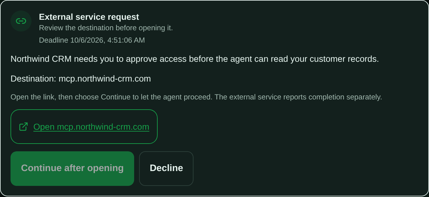 An "External service request" card. It says that Northwind CRM needs you to approve access before the agent can read your customer records, shows "Destination: mcp.northwind-crm.com" and an "Open mcp.northwind-crm.com" link, and has two buttons: "Continue after opening", which stays unavailable until you open the link, and "Decline".
