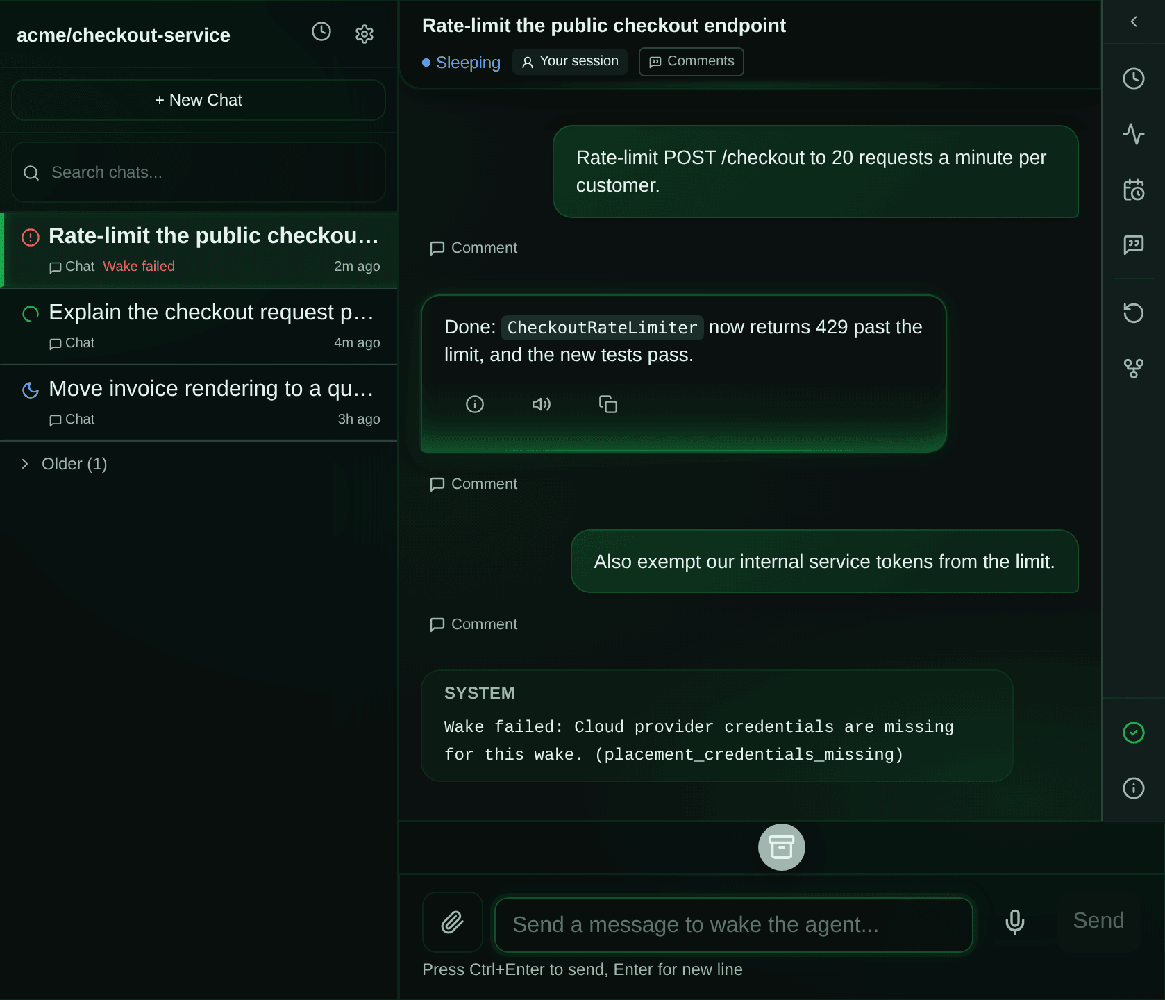 A sleeping project chat whose wake failed. The conversation ends with the user's follow-up and a system message reading "Wake failed: Cloud provider credentials are missing for this wake. (placement_credentials_missing)". The chat header still says Sleeping, and the composer reads "Send a message to wake the agent". On a wide screen, the session list beside the chat marks it with a red alert icon and a red "Wake failed" label, next to a running chat and a sleeping one.