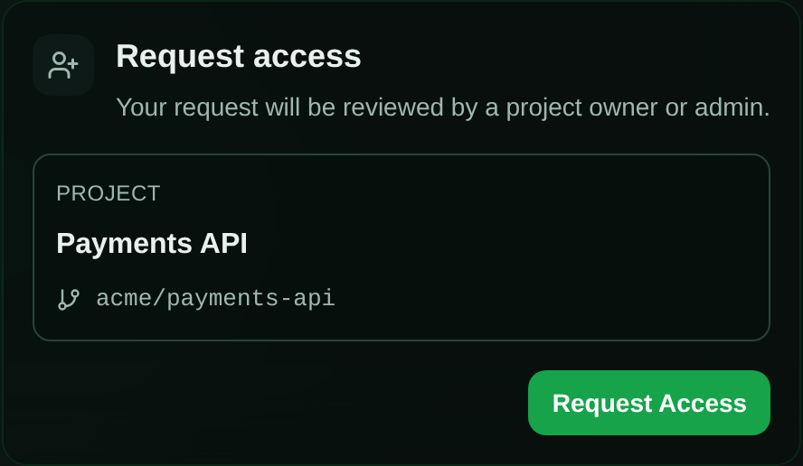 The invite landing page a recipient sees: a "Request access" card naming the project (Payments API) and its repository, with a Request Access button.