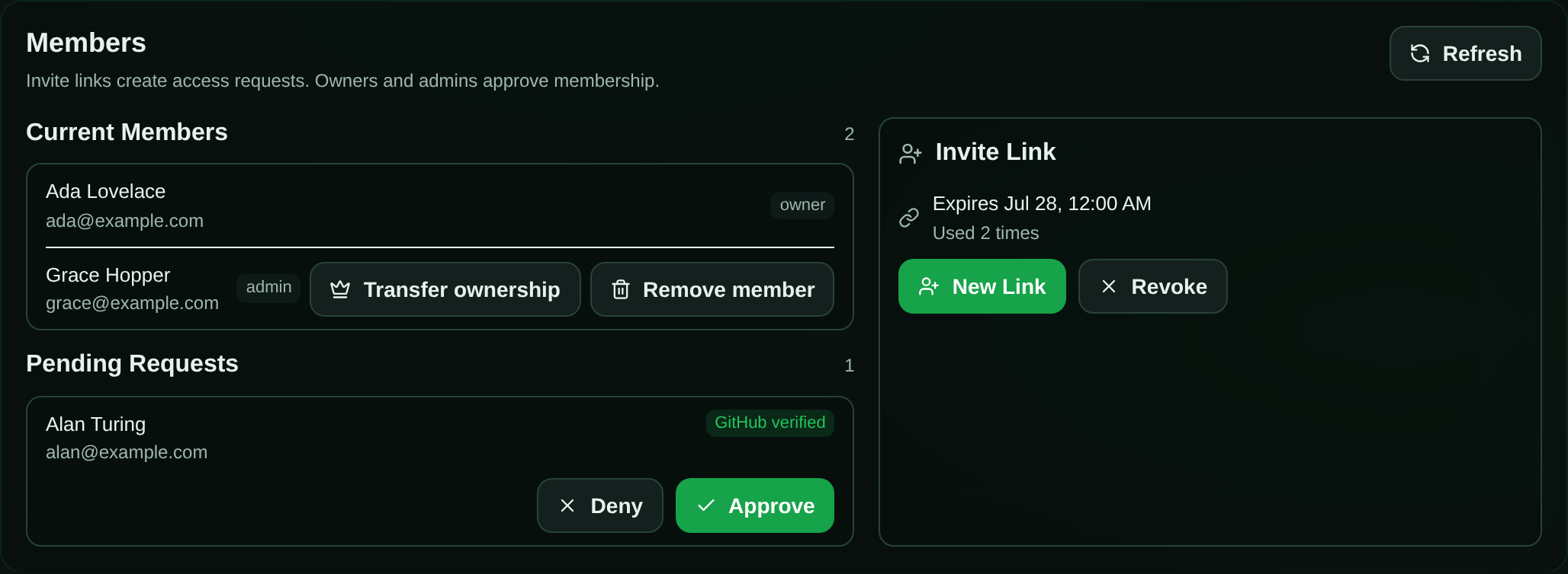 The Members panel under Settings → Access, showing current members with owner and admin roles, a pending access request from a GitHub-verified user with Approve and Deny buttons, and the invite link controls.