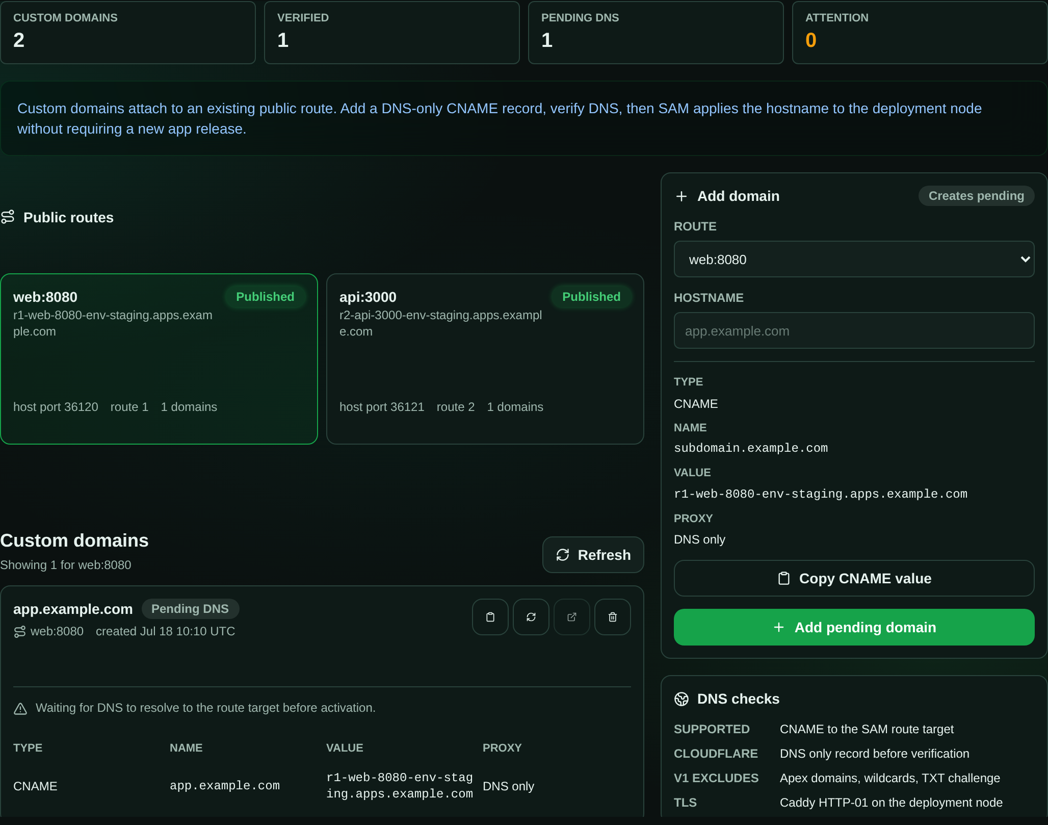 The deployment Domains tab: an Add domain form showing the exact CNAME record to create (type CNAME, the subdomain as the name, the SAM route hostname as the value, proxy set to DNS only) with a Copy CNAME value button, the environment's public routes, and a saved custom domain in the Pending DNS state.