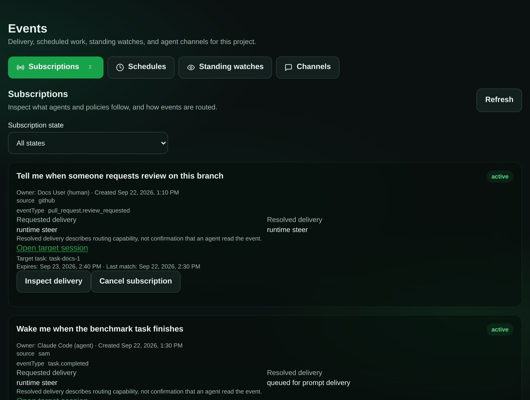 The project Events page: Subscriptions, Schedules, Standing watches and Channels section buttons with icons, the open Subscriptions section carrying a count of 2, and two subscription cards showing their reason, owner, filter, requested and resolved delivery, target session link, and green "active" state badges.