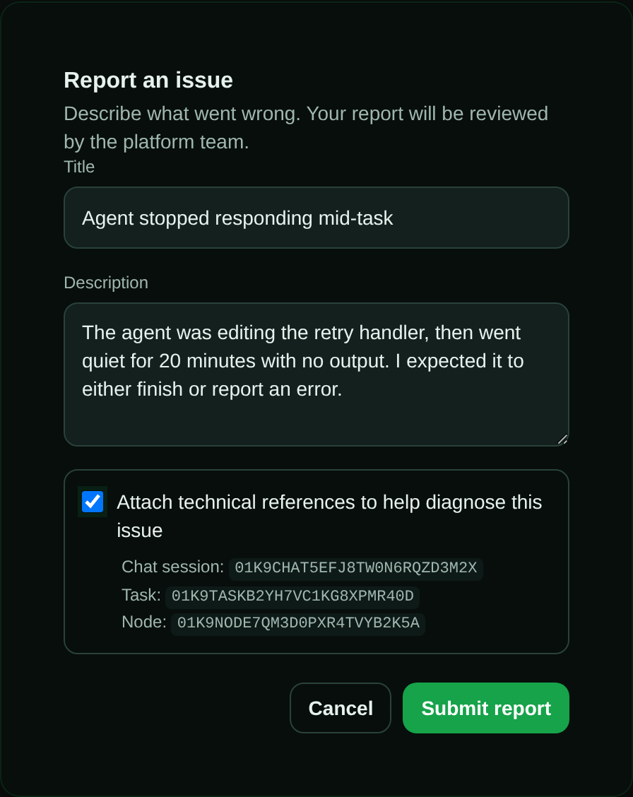 The Report an Issue dialog in SAM: a Title field, a Description field, and a checked "Attach technical references to help diagnose this issue" checkbox listing a Chat session, Task, and Node identifier.