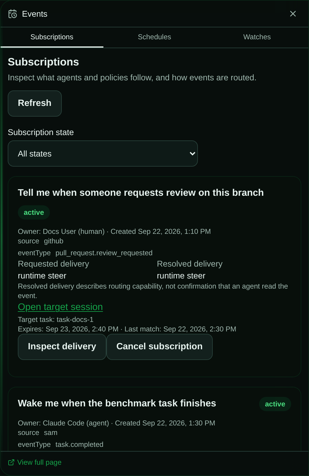 The Events drawer open over a chat session, headed "Events", with Subscriptions, Schedules and Watches tabs; the Subscriptions tab shows two session-scoped subscriptions with their state, delivery routing, target session link, and Inspect delivery and Cancel subscription buttons; a "View full page" link sits at the bottom.