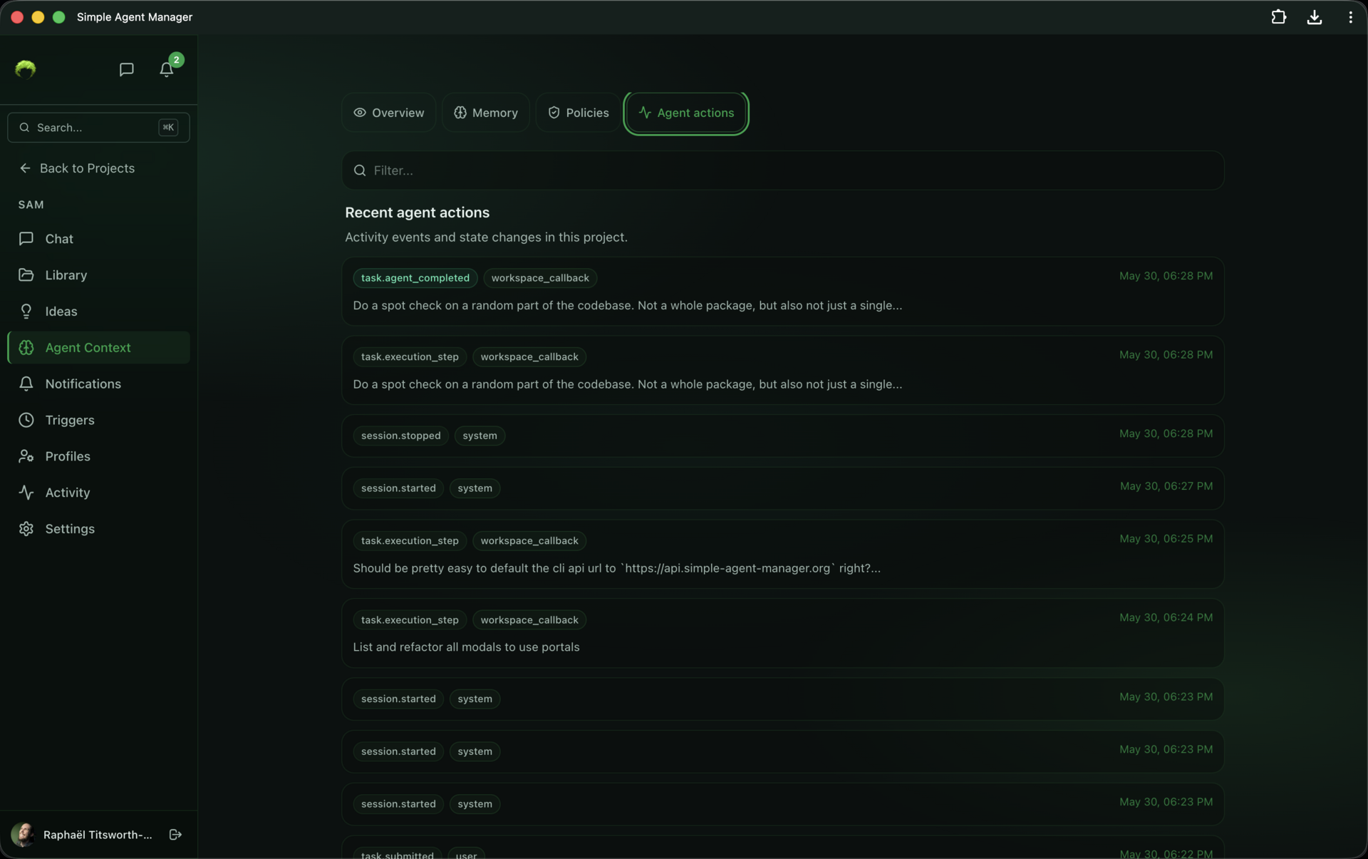 Agent actions feed showing task.agent_completed, task.execution_step, session.stopped, and session.started events with timestamps