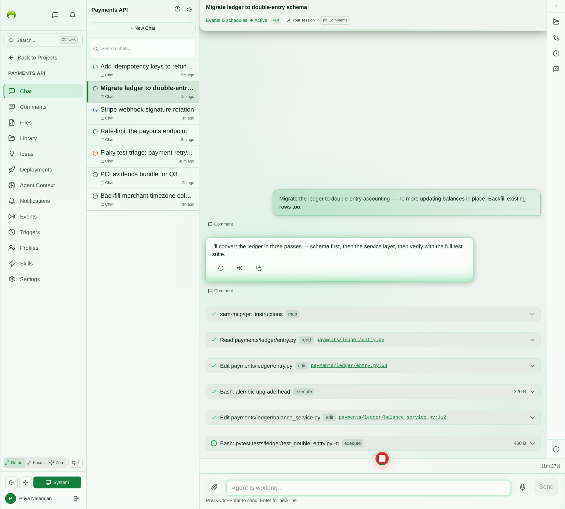 Live chat session showing a user prompt, the agent's plan, and six tool rows: an MCP get_instructions call, Read and Edit file rows with paths, an alembic upgrade command, and a running pytest command with a stop button