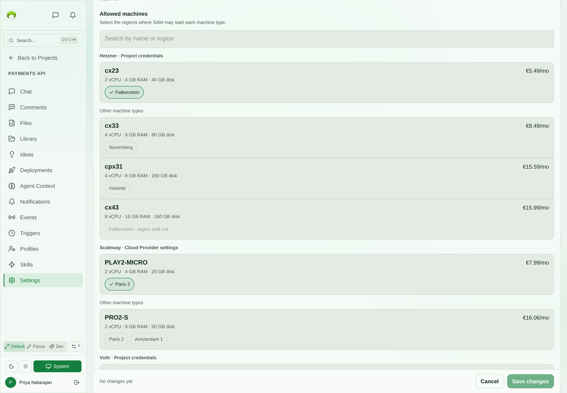 The allowed machines list: a search box, then Hetzner machine types with region buttons, cx23 allowed in Falkenstein, cx33 offered in Nuremberg, cpx31 in Helsinki, and cx43 whose Falkenstein region is sold out, followed by Scaleway machine types