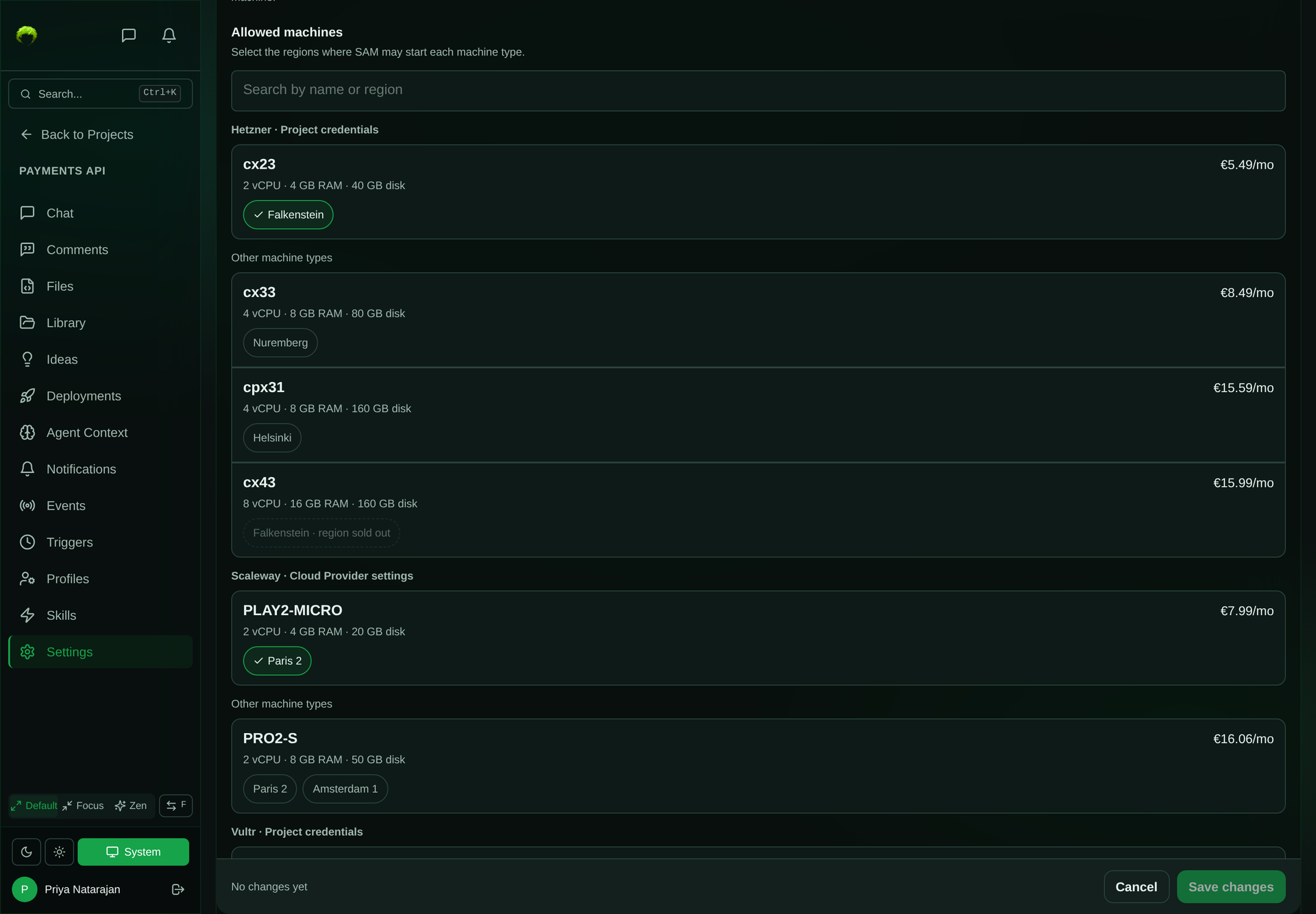 The allowed machines list: a search box, then Hetzner machine types with region buttons, cx23 allowed in Falkenstein, cx33 offered in Nuremberg, cpx31 in Helsinki, and cx43 whose Falkenstein region is sold out, followed by Scaleway machine types