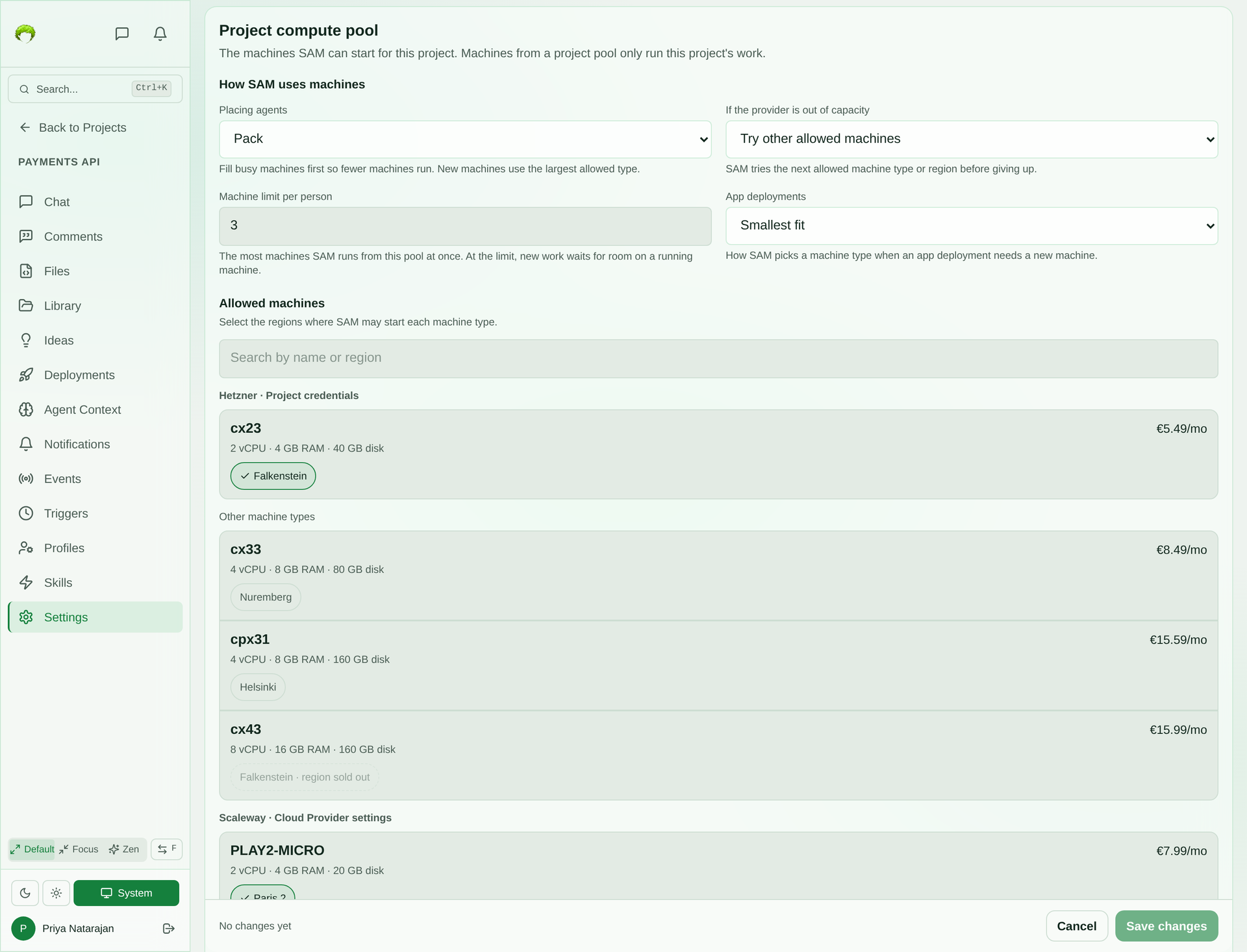 Project compute pool editor with agents placed by Pack, Try other allowed machines when a provider is out of capacity, and a machine limit of 3 per person, above the allowed machines for each connection: Hetzner cx23 allowed in Falkenstein, cx33, cpx31 and cx43 with their regions and monthly prices, a sold-out Falkenstein region marked unavailable, and Scaleway machine types below
