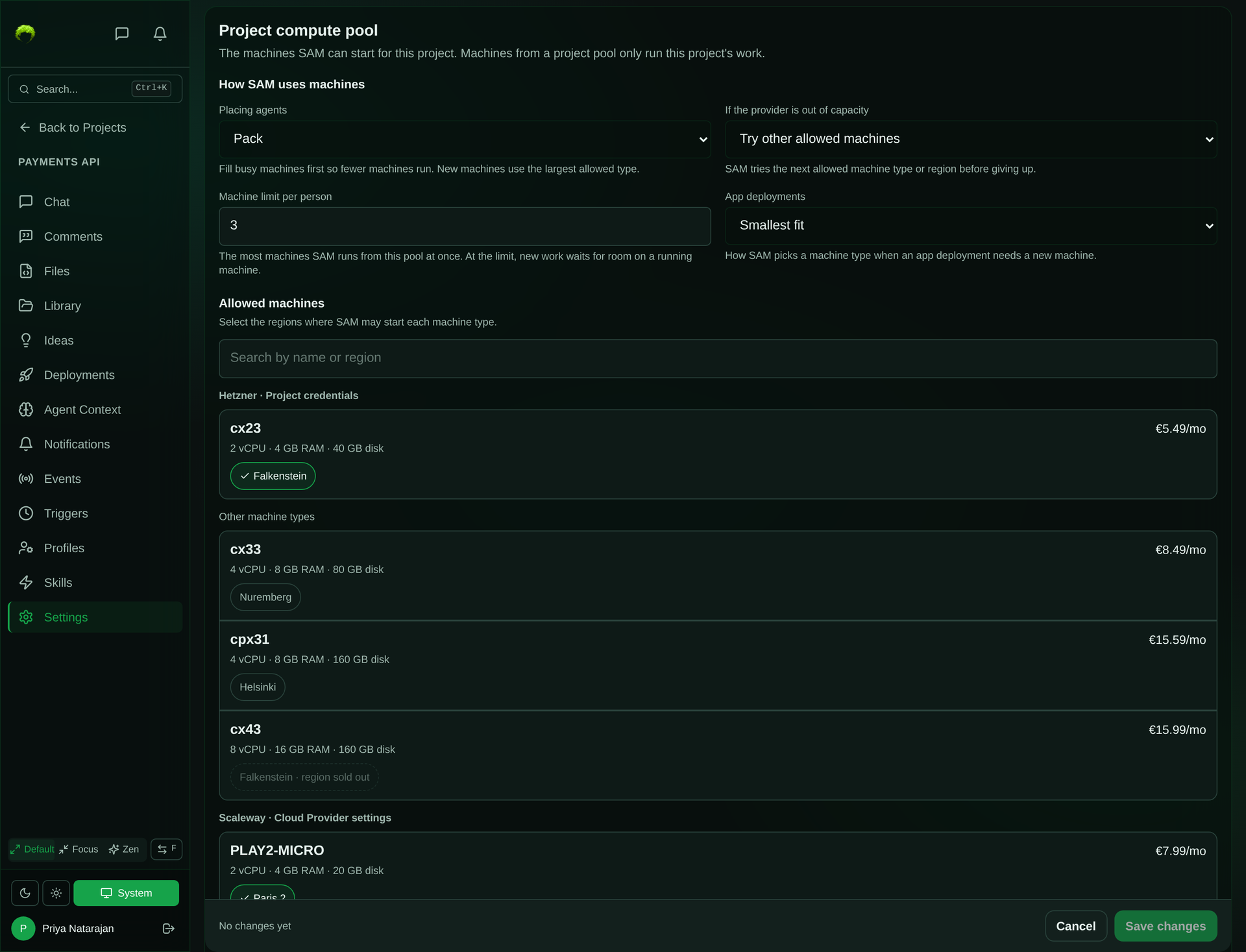 Project compute pool editor with agents placed by Pack, Try other allowed machines when a provider is out of capacity, and a machine limit of 3 per person, above the allowed machines for each connection: Hetzner cx23 allowed in Falkenstein, cx33, cpx31 and cx43 with their regions and monthly prices, a sold-out Falkenstein region marked unavailable, and Scaleway machine types below