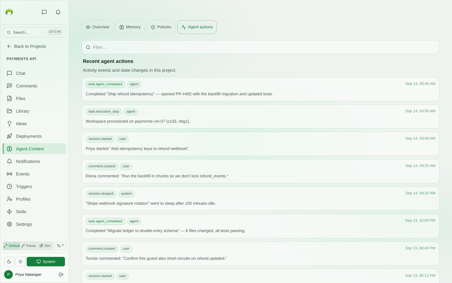 Agent actions tab showing a timestamped feed of task.agent_completed, task.execution_step, session.started, comment.created, and session.stopped events with their session topics