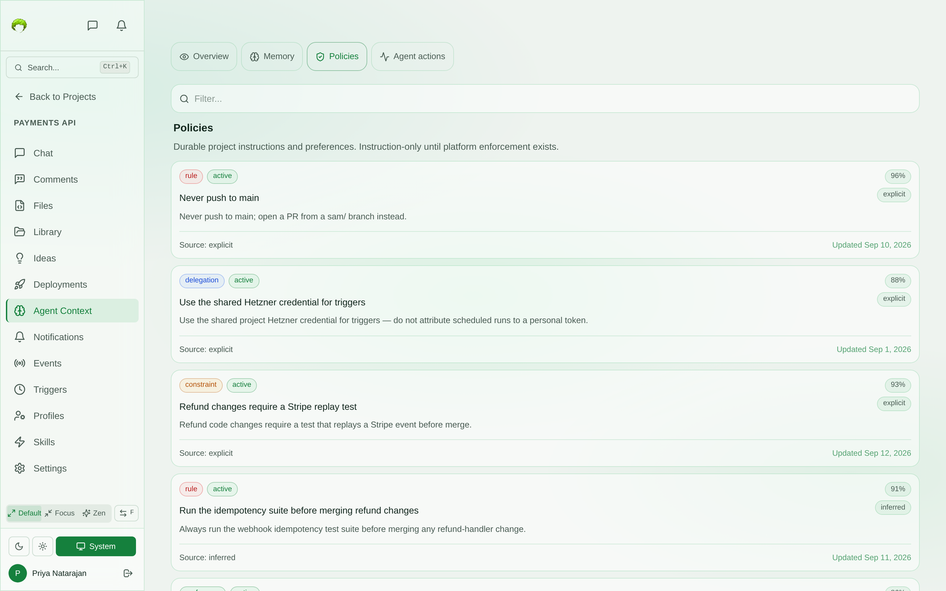 Policies tab listing project policies such as Never push to main and Refund changes require a Stripe replay test, each tagged rule, constraint, or delegation with a confidence and marked instruction-only