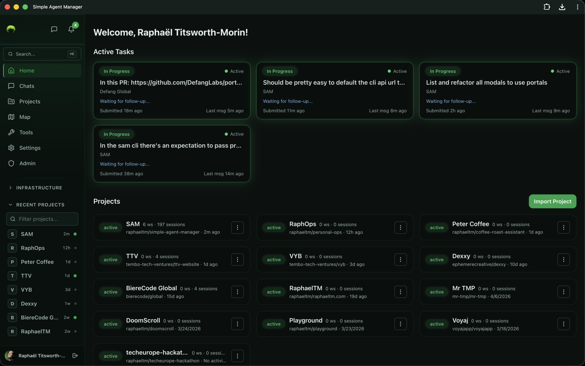 Dashboard with In Progress task cards and a Projects grid showing workspace and session counts per repo