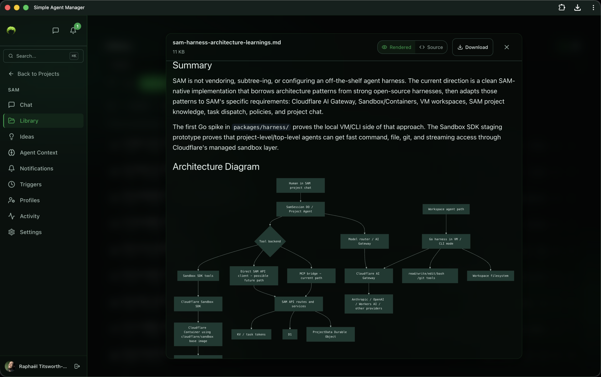 Document viewer showing a rendered markdown file with a Mermaid architecture flowchart and Rendered/Source/Download buttons
