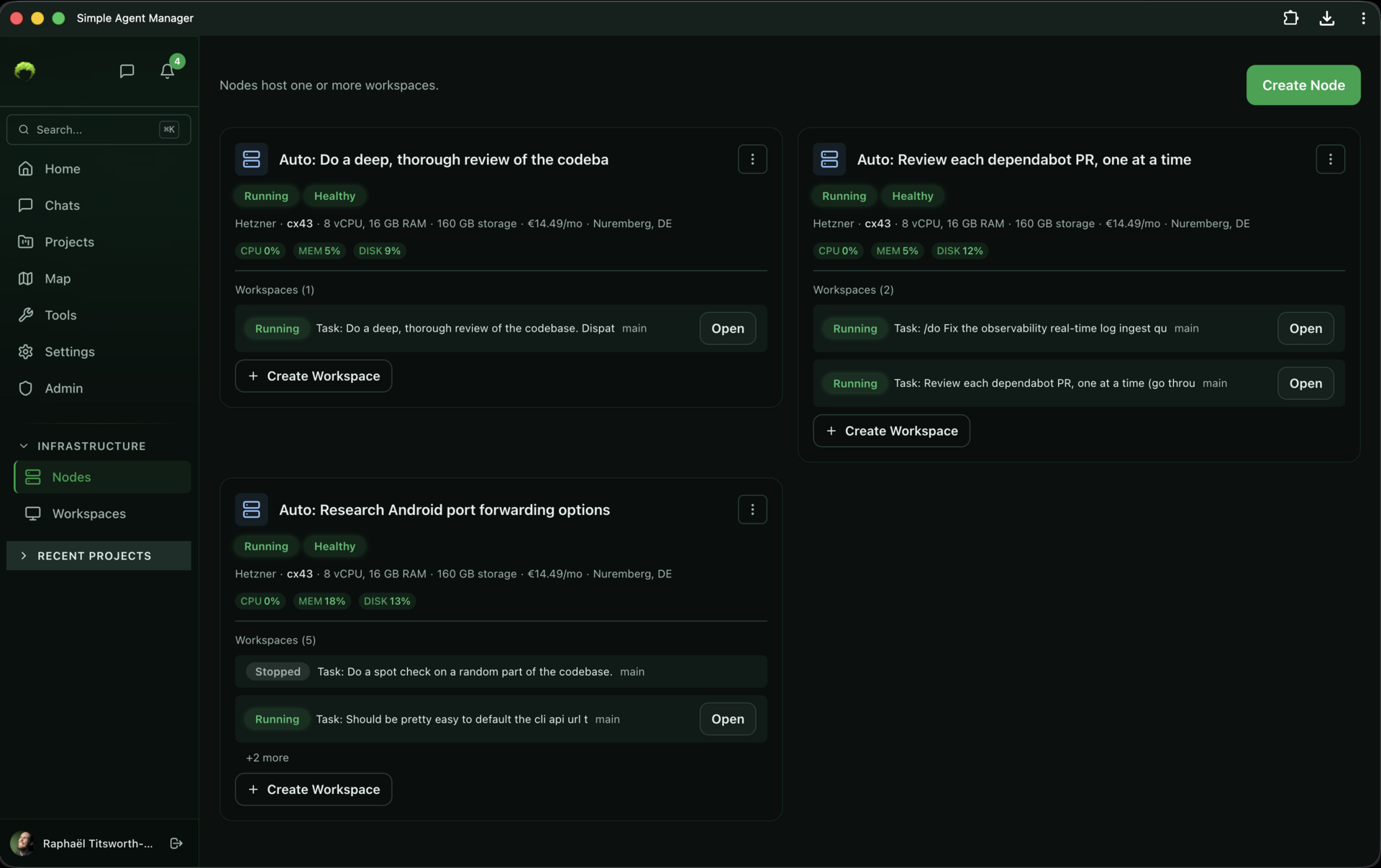 Three Hetzner cx43 nodes showing Running/Healthy status, resource percentages, and their workspace lists