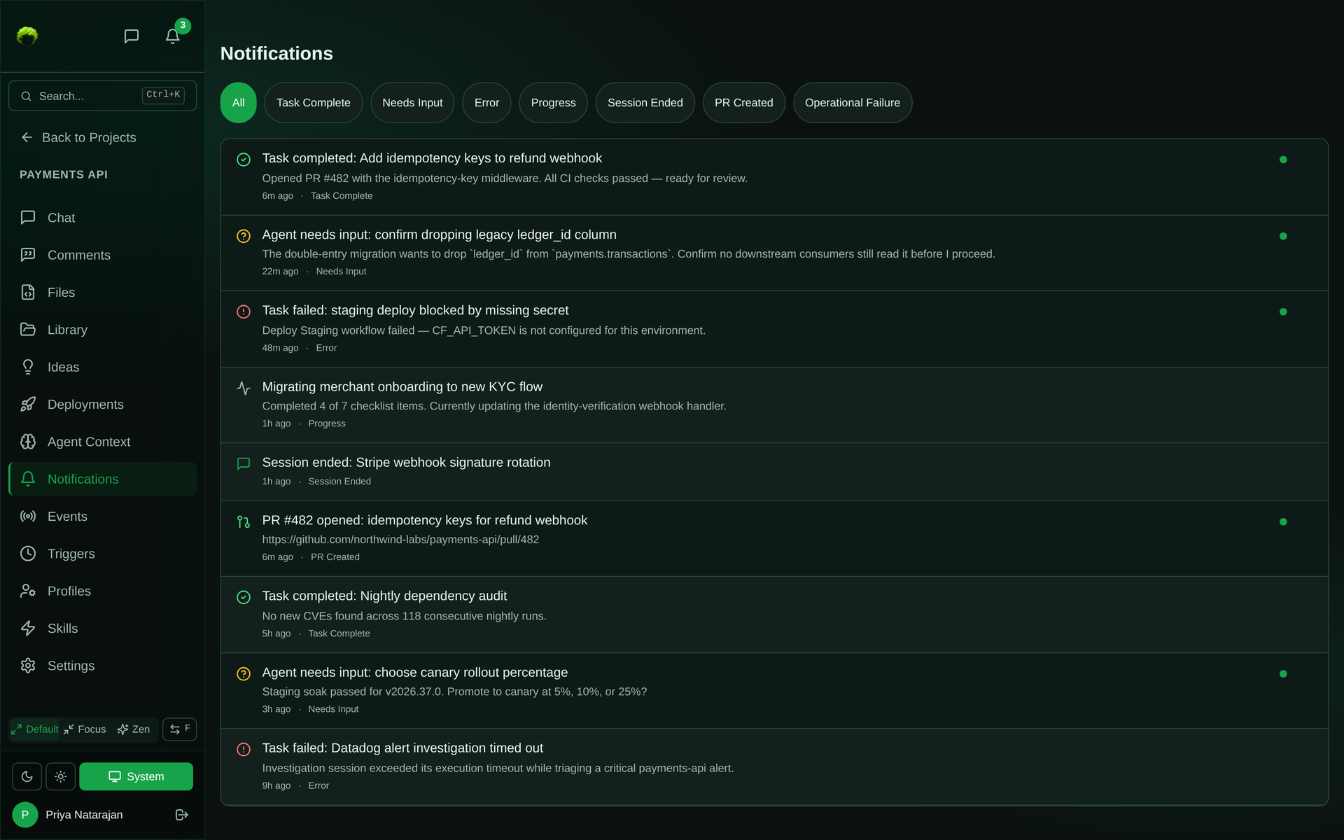 Project notifications feed with filter chips for All, Task Complete, Needs Input, Error, Progress, Session Ended, PR Created, and Operational Failure, listing nine notifications with several unread