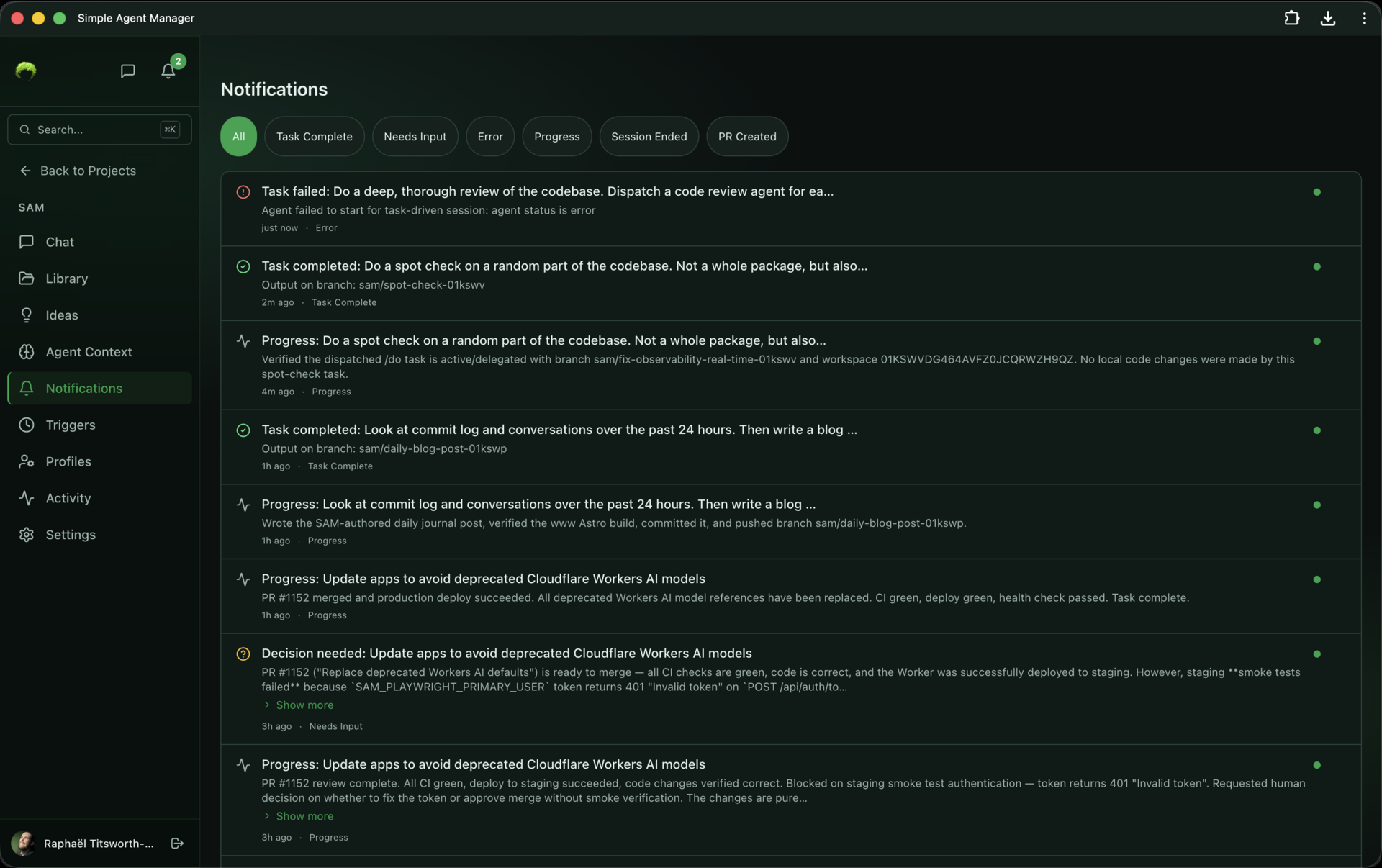 Notification feed with filter tabs: All, Task Complete, Needs Input, Error, Progress, Session Ended, PR Created