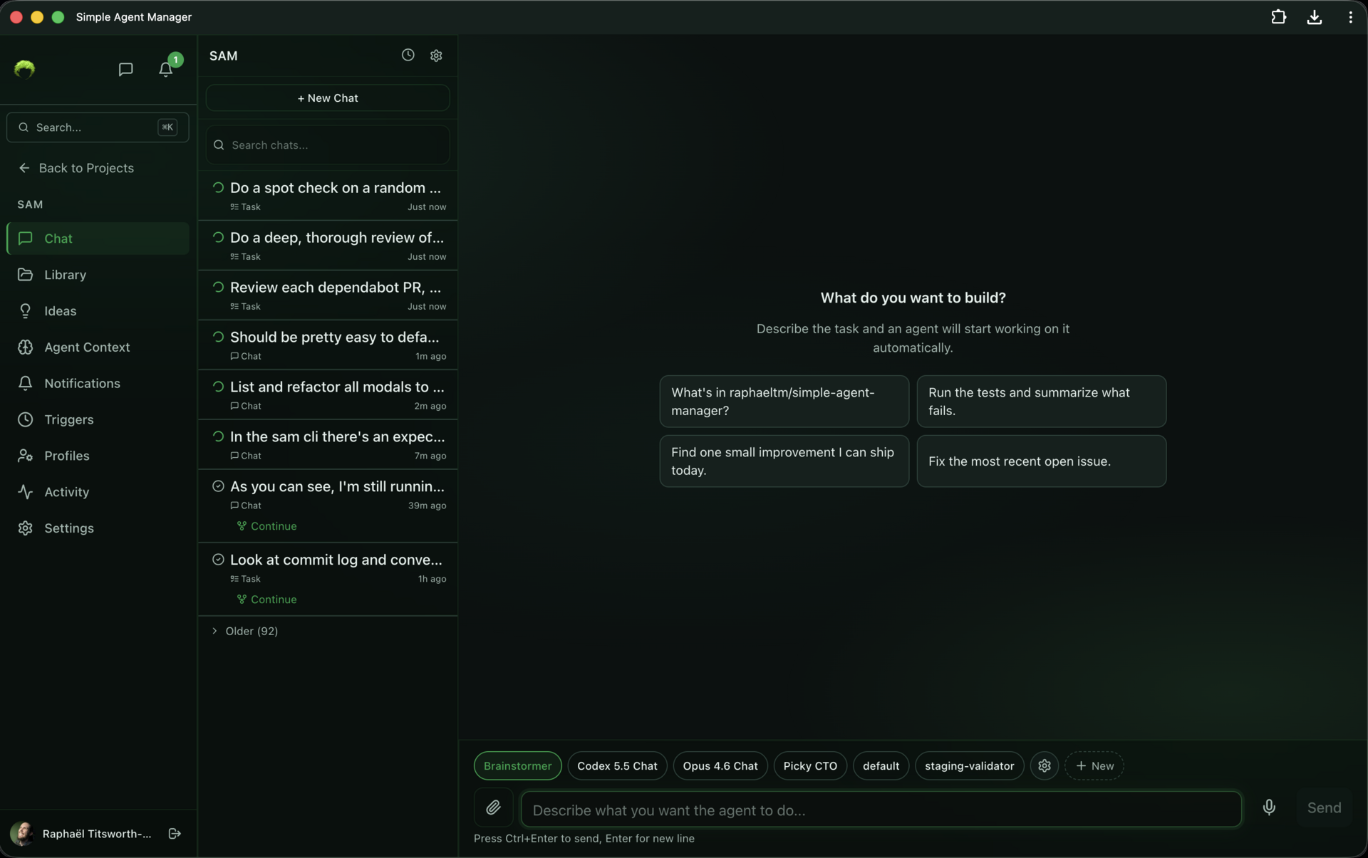 Project chat with agent selector bar showing Brainstormer, Codex 5.5 Chat, Opus 4.6 Chat, Picky CTO, and more profiles