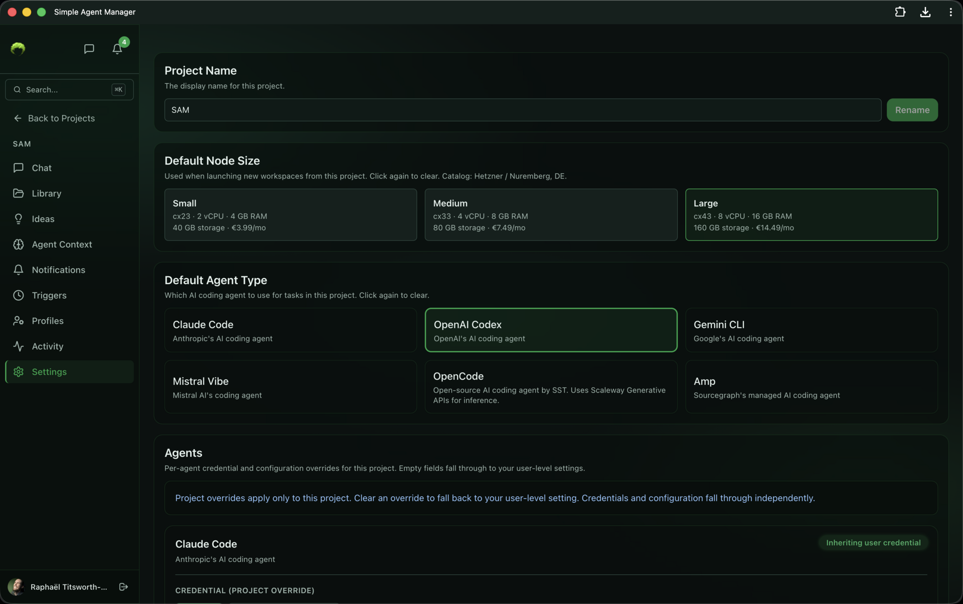 Settings page with three node sizes showing vCPU/RAM/storage/price, six agent types, and per-agent credential configuration