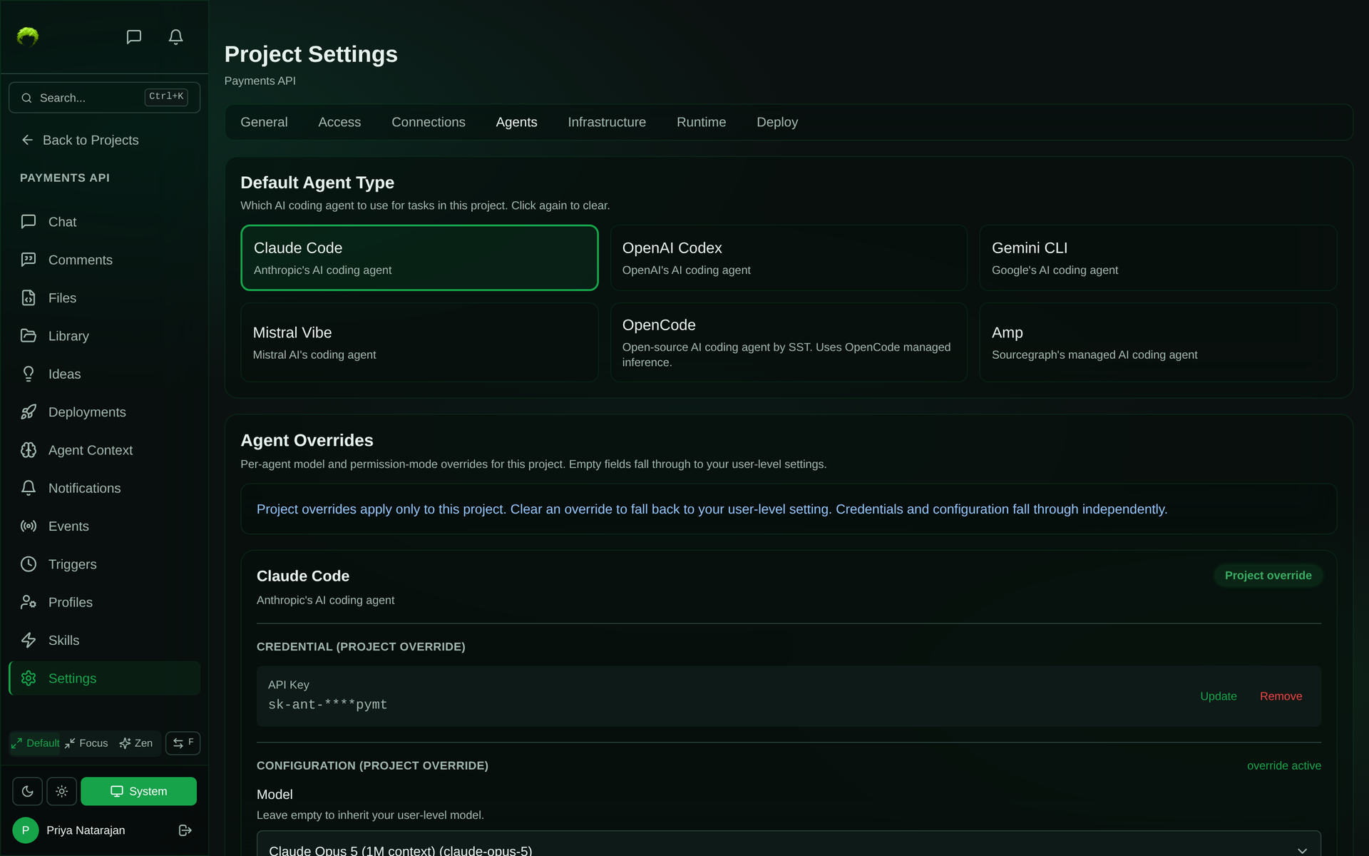 Project Settings Agents tab showing six agent types with Claude Code selected as the default and an Agent Overrides section with a project-level API key and model override